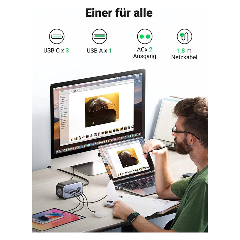 6 В 1 УНИВЕРСАЛНО ЗАРЯДНО УСТРОЙСТВО CD270 Desk 220V 3xUSB-C 1xUSBA 2хAC UGREEN