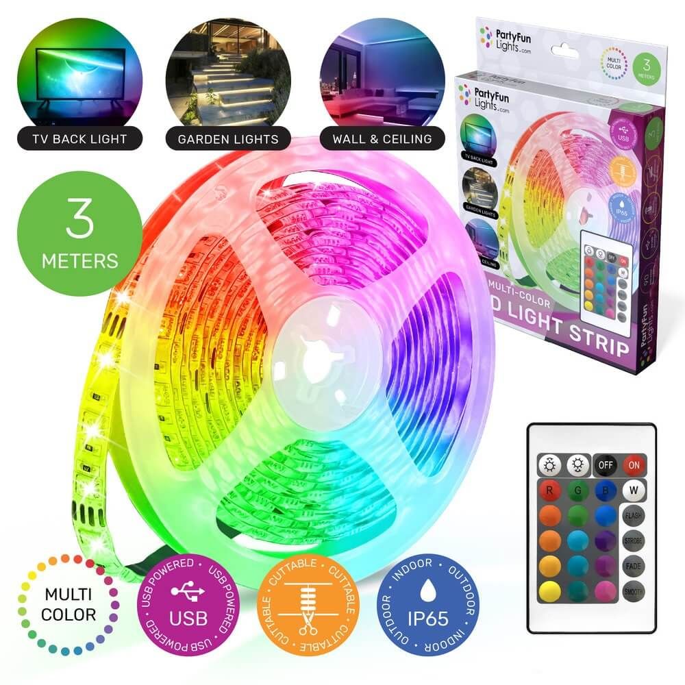Многоцветна водоустойчива RGB LED лента Zynora 3M – USB захранване, IP65, 90 светодиода, 16 цвята, дистанционно управление и самозалепваща подложка