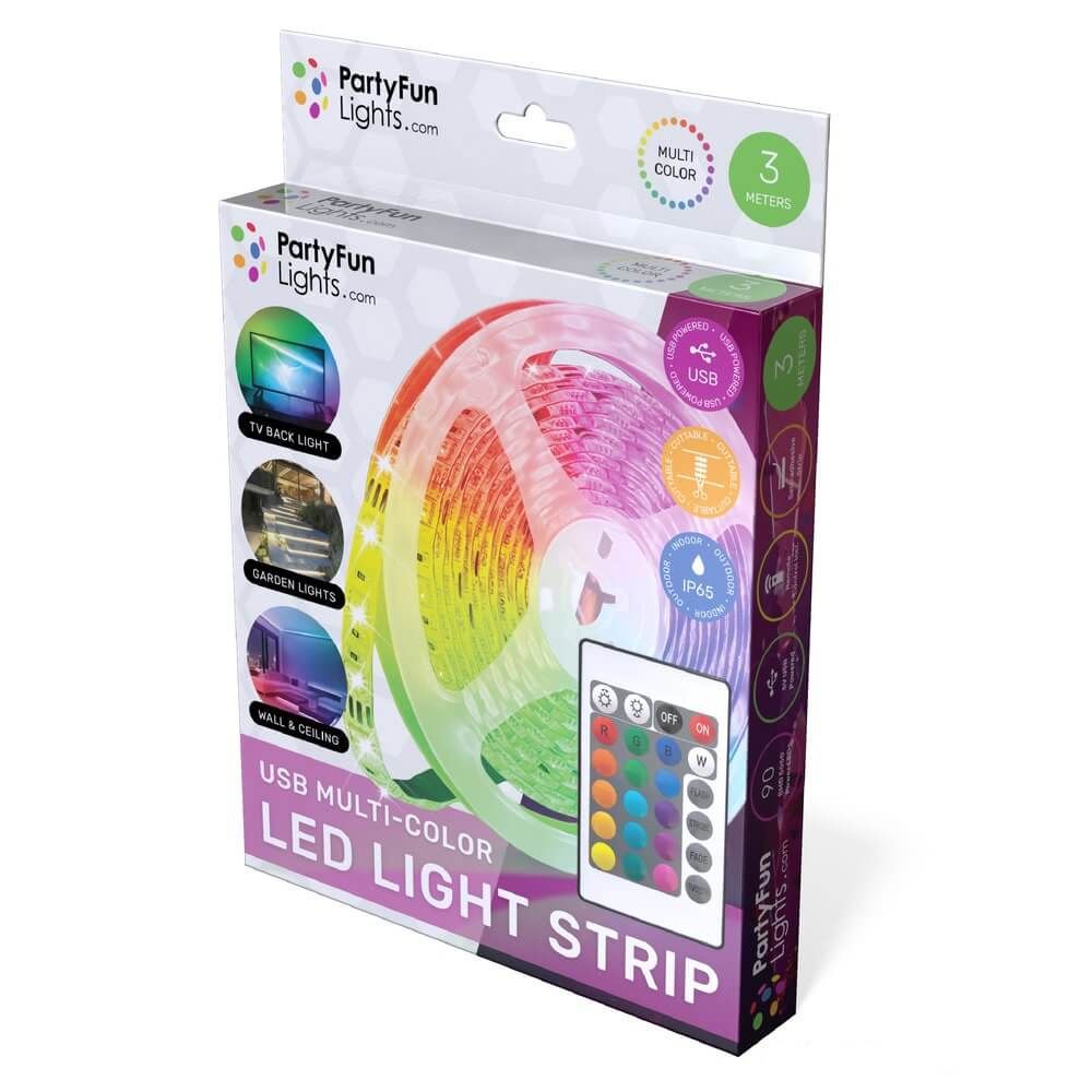 Многоцветна водоустойчива RGB LED лента Zynora 3M – USB захранване, IP65, 90 светодиода, 16 цвята, дистанционно управление и самозалепваща подложка