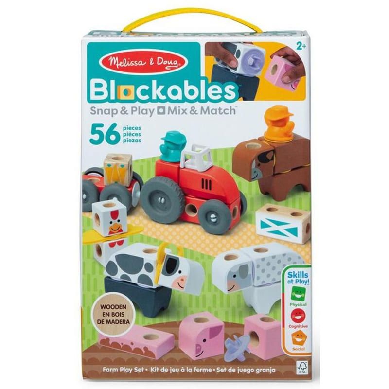 Детски дървен конструктор Melissa & Doug Blockables Ферма – Преносим комплект за сглобяване с конектори, фигурки и аксесоари (54+ части)