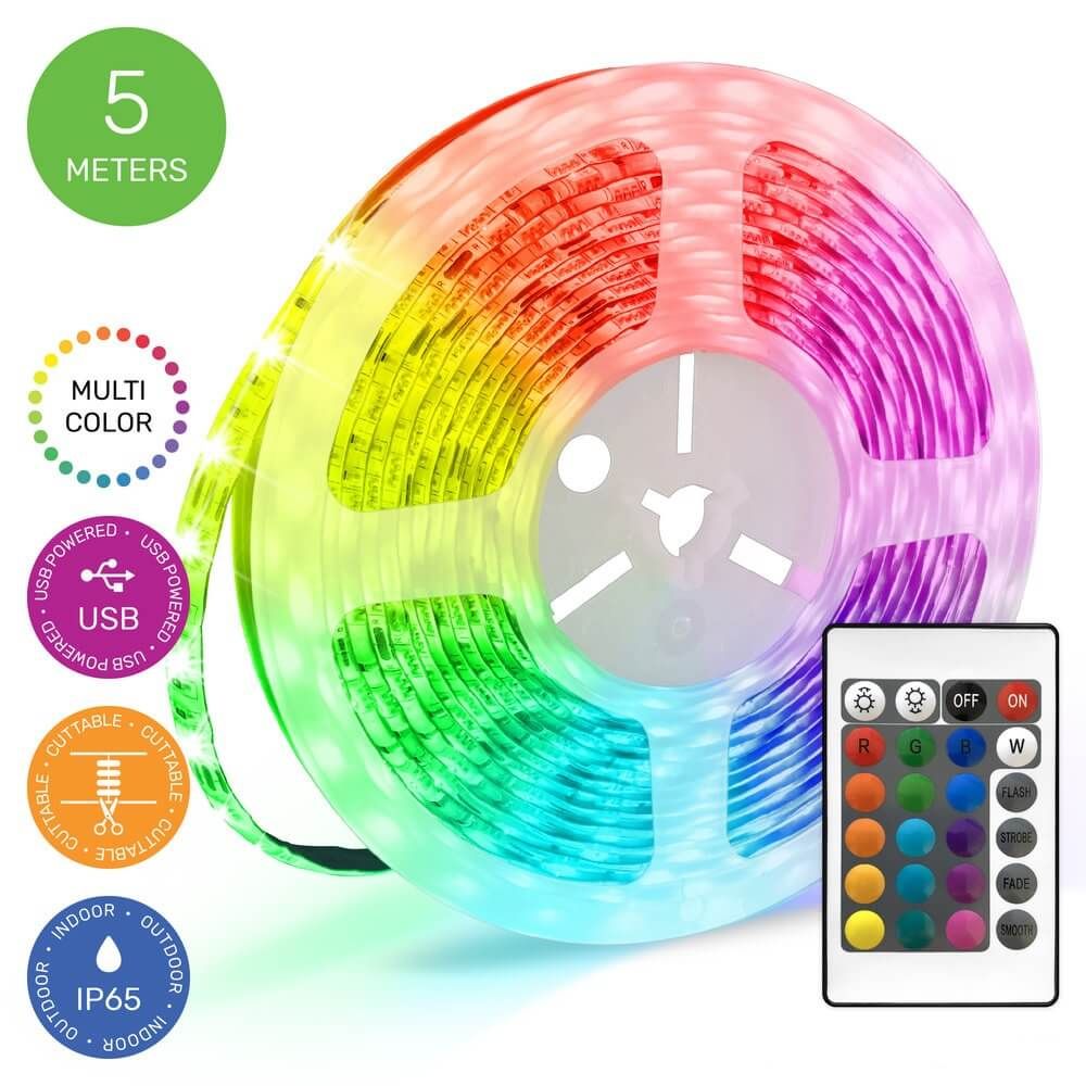Многоцветна водоустойчива RGB LED лента Zynora 5M – USB захранване, IP65, 150 светодиода, 16 цвята, дистанционно управление и самозалепваща подложка