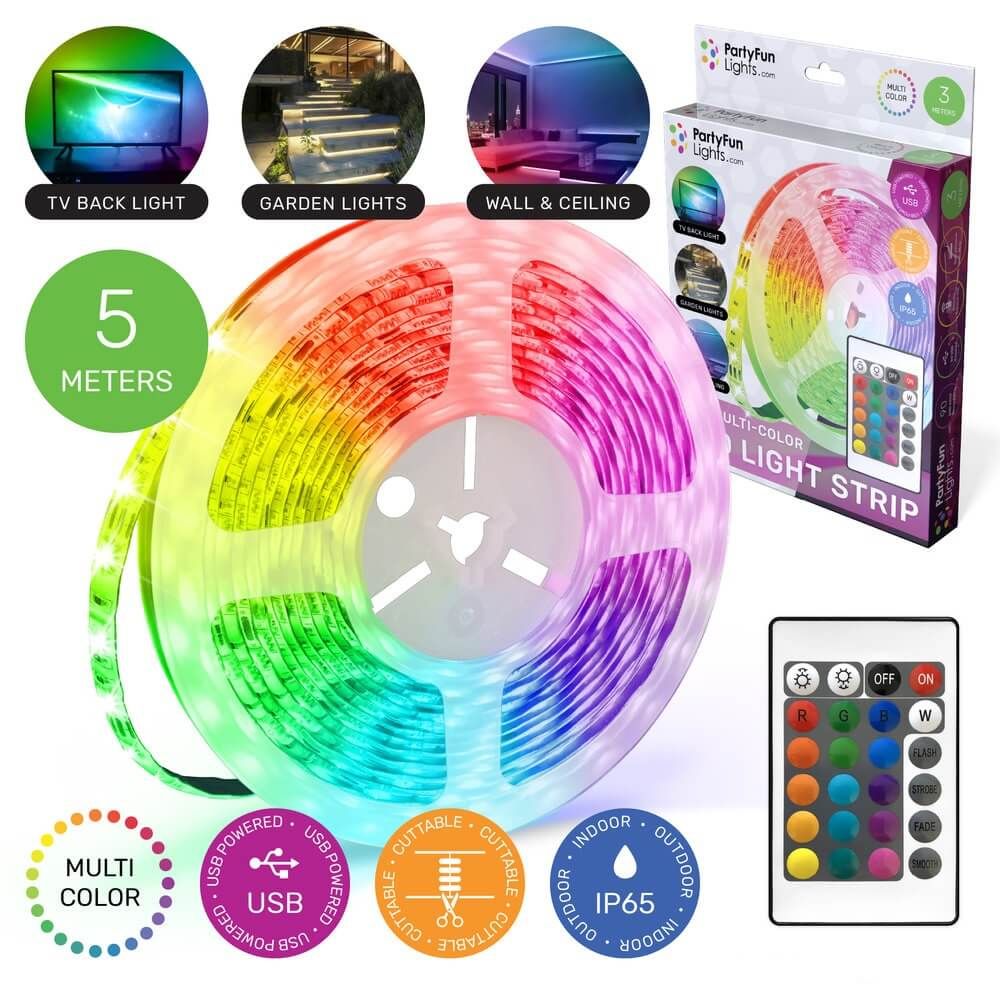Многоцветна водоустойчива RGB LED лента Zynora 5M – USB захранване, IP65, 150 светодиода, 16 цвята, дистанционно управление и самозалепваща подложка