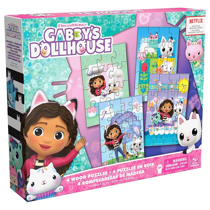 Детски дървен комплект пъзели Zynora Gabby’s Dollhouse: 4-in-1 Progress – Премиум кутия с 4 прогресивни пъзела 72 части с Габи и котенцата (4+ години)