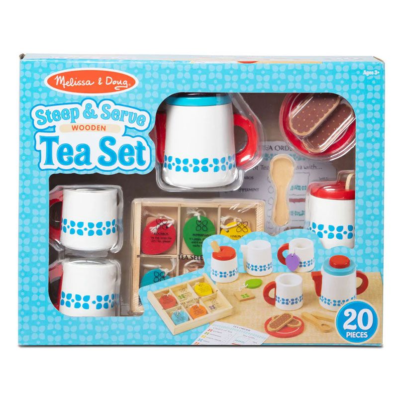 Детски дървен сервиз за чай Melissa & Doug – Премиум интерактивен игрален комплект с кутия за чай, аксесоари и карти за поръчки (3+ години)