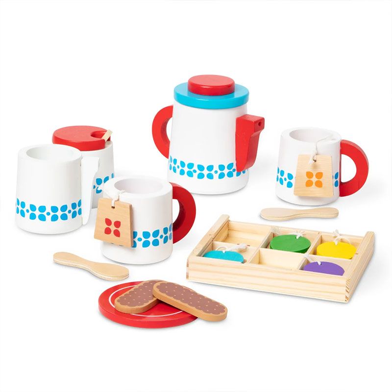 Детски дървен сервиз за чай Melissa & Doug – Премиум интерактивен игрален комплект с кутия за чай, аксесоари и карти за поръчки (3+ години)