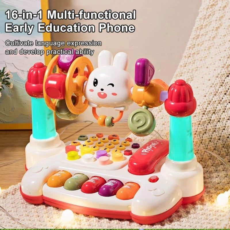 Детски мултифункционален интерактивен телефон Multifunctional Telephone Game – Образователна музикална играчка със светлини, пиано и звуци (18+ месеца)