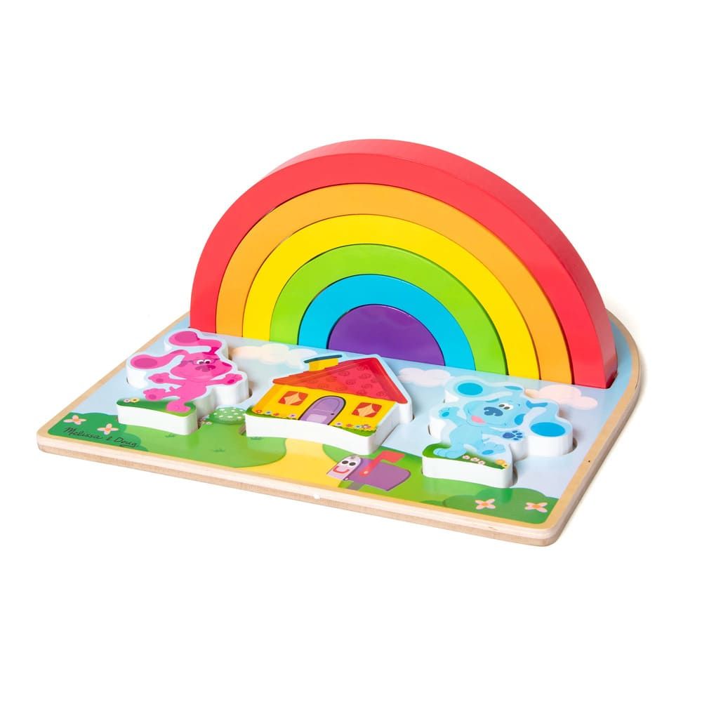 Детски дървен пъзел и сортер Zynora Blue’s Clues: Rainbow Stack – Премиум дъга за баланс и подреждане с 3 фигурки от дърво (18+ месеца)