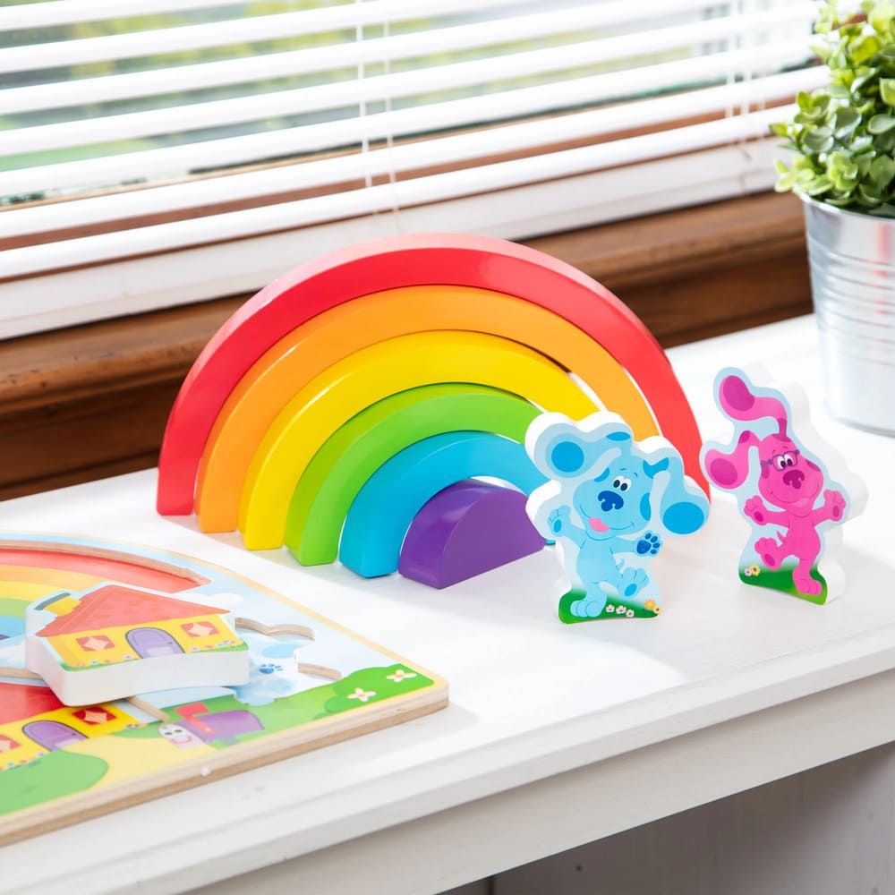 Детски дървен пъзел и сортер Zynora Blue’s Clues: Rainbow Stack – Премиум дъга за баланс и подреждане с 3 фигурки от дърво (18+ месеца)
