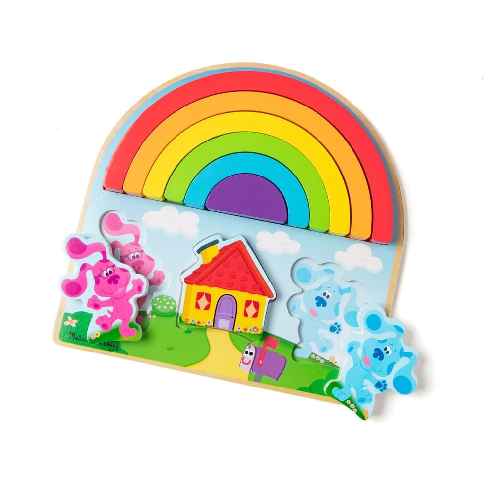Детски дървен пъзел и сортер Zynora Blue’s Clues: Rainbow Stack – Премиум дъга за баланс и подреждане с 3 фигурки от дърво (18+ месеца)