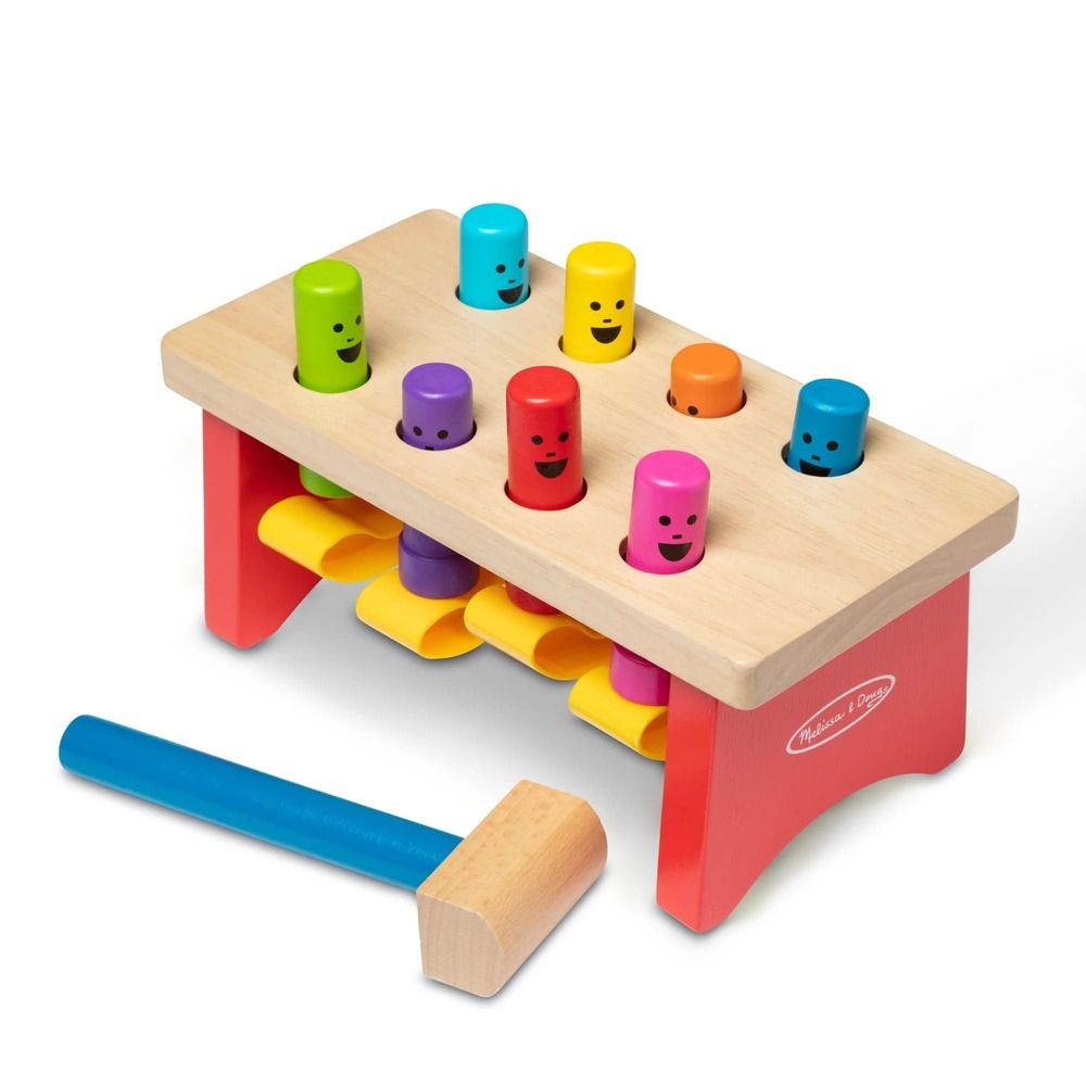 Детска дървена игра с чукче Zynora Peekaboo Bench – Класическа монтесори пейка с изскачащи колчета за фина моторика и координация (2+ години)