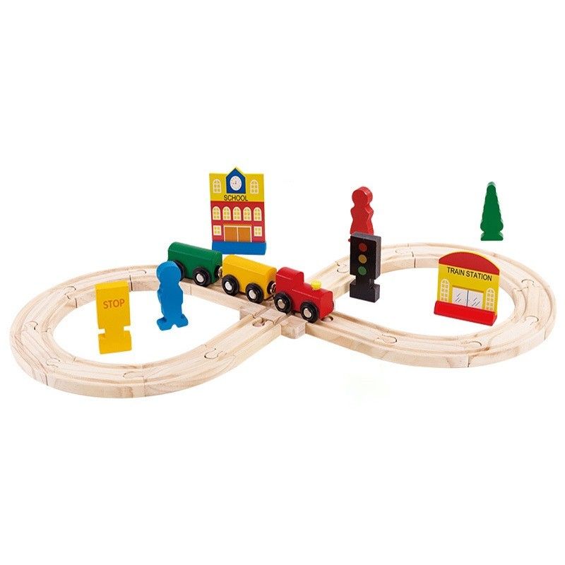 Детски дървен влаков комплект Zynora Rail Express – Игрален сет с релси, магнитно влакче и аксесоари от 30 части (3+ години)