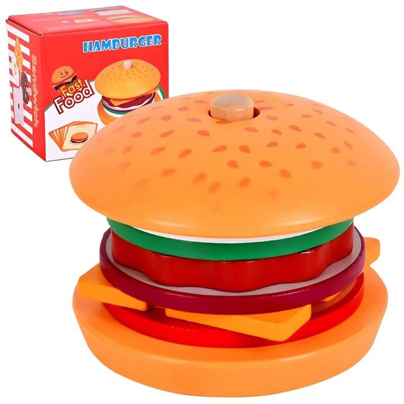Детски дървен монтесори комплект Zynora Burger Master – Образователна игра за подреждане на хамбургер с 10 карти с мисии от дърво (3+ години)