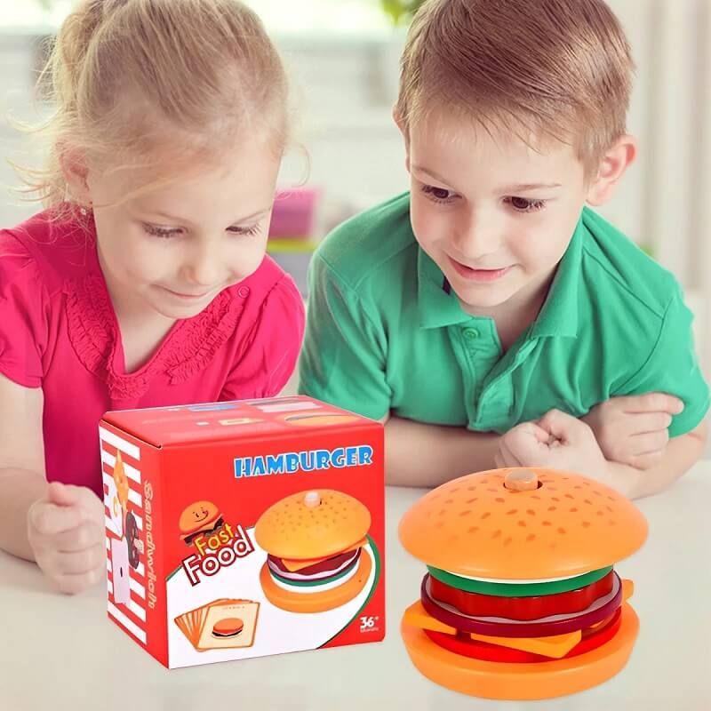 Детски дървен монтесори комплект Zynora Burger Master – Образователна игра за подреждане на хамбургер с 10 карти с мисии от дърво (3+ години)