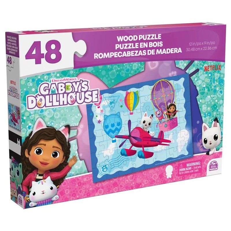 Детски дървен пъзел Zynora Gabby’s Dollhouse: Fly High – Премиум цветен пъзел от 48 части с Габи и котенцата в небесно приключение (4+ години)