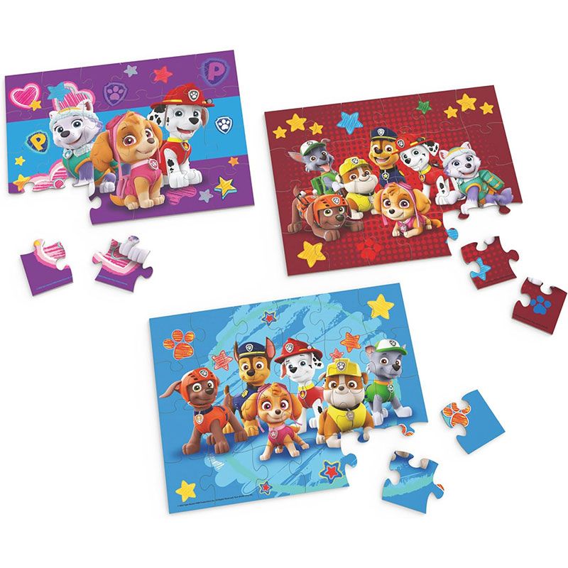 Детски дървен комплект пъзели Zynora Paw Patrol: Pawsome Trio – Премиум комплект от 3 пъзела по 24 части с Чейс, Маршал и Скай в дървена кутия (3+ години)