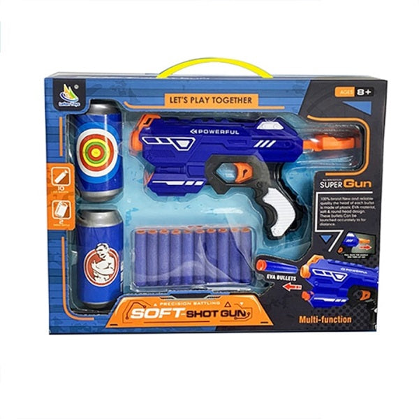 Детски пистолет с меки стрели Soft-Shot Gun – Комплект с 10 бр. дунапренени патрона и 2 бр. кенчета-мишени (8+ години)