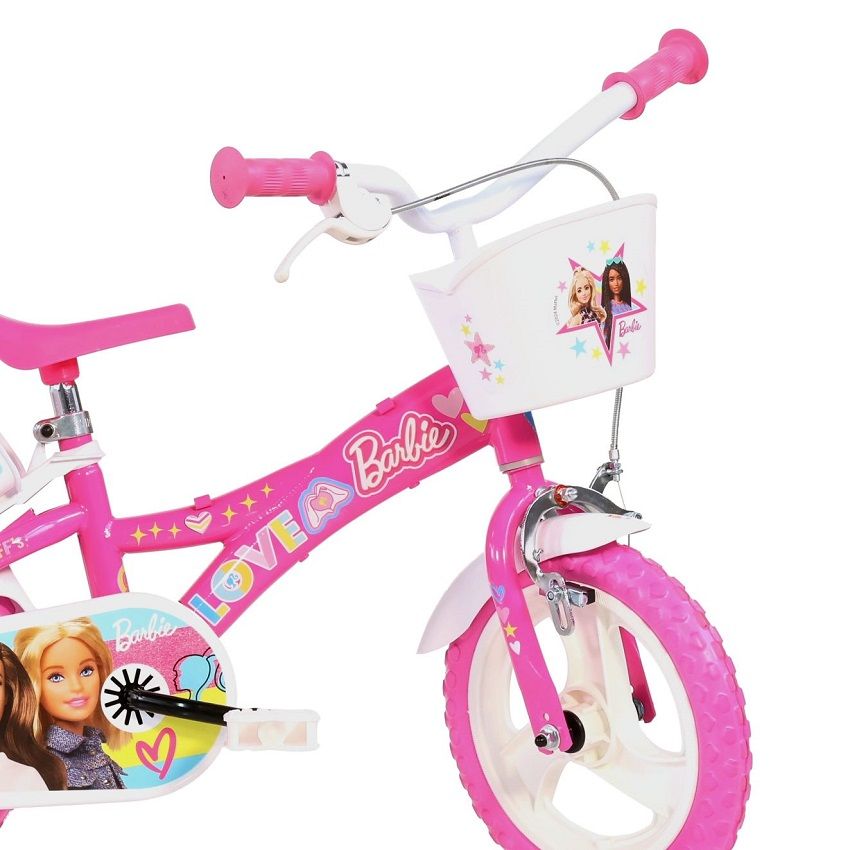 Детско колело с помощни колела Dino Bikes Barbie 12 инча – Италиански пластмасов/стоманен велосипед с кошничка, седалка за кукла и EVA гуми (3-5 години)