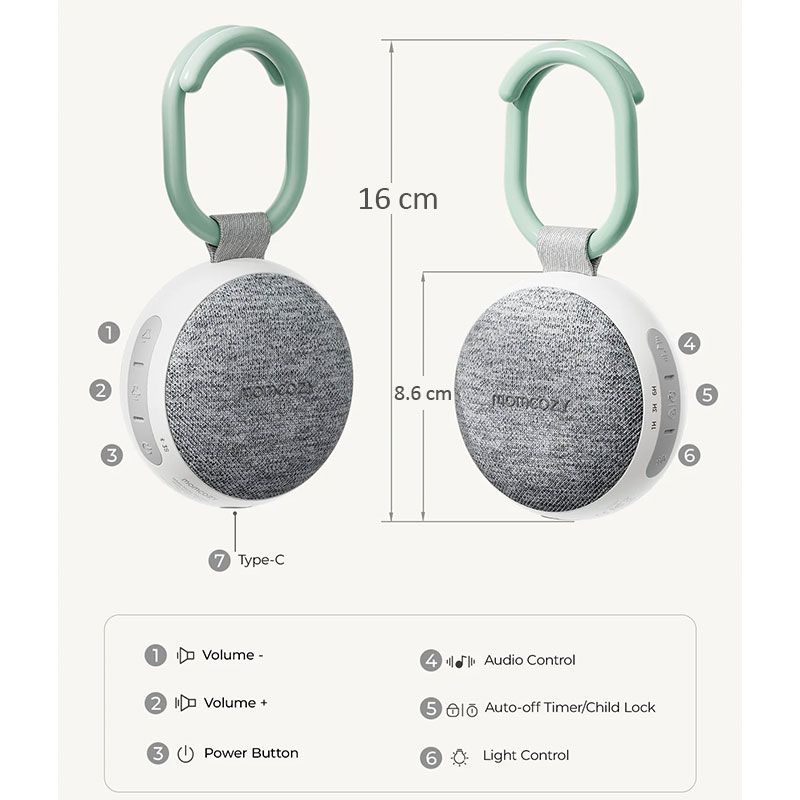 Преносима музикална кутия за сън momcozy Sleep Machine – Уред за бял шум с 20 успокояващи звука, Bluetooth, нощна лампа, таймер и защита за деца