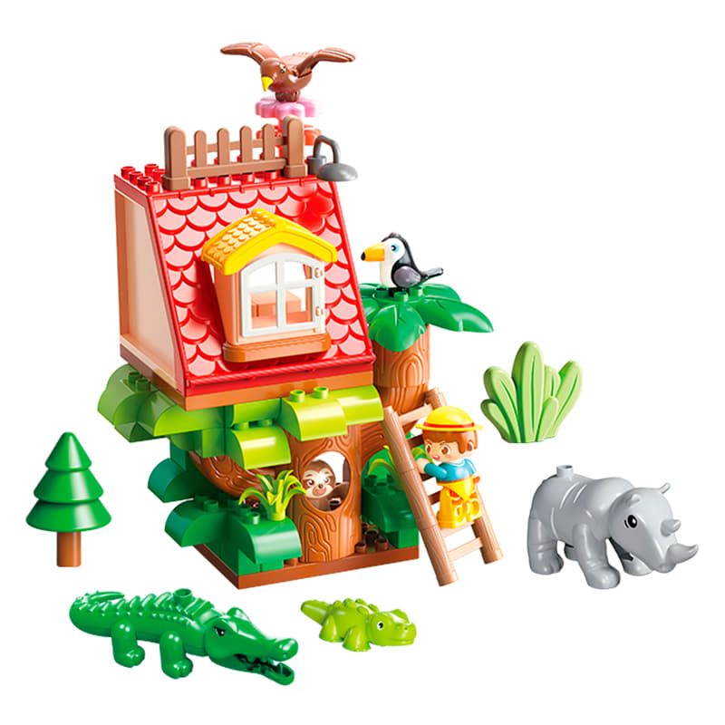Детски образователен конструктор Feelo Forest Treehouse – Горска къщичка на дърво с фигурки на животни и приключенец (76 големи части)