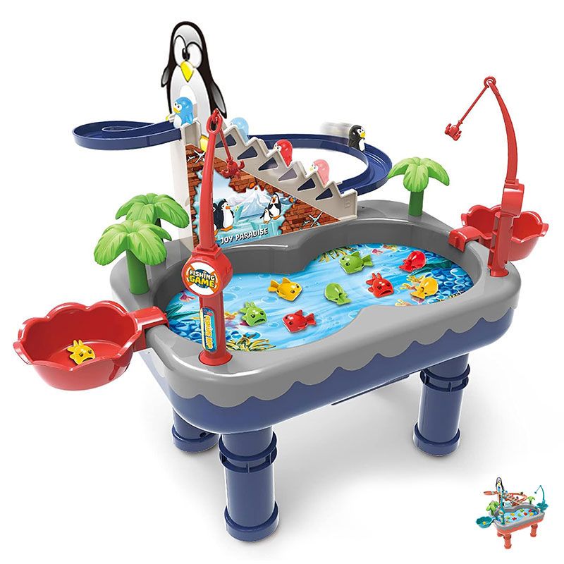 Детска музикална игра 2-в-1 Zynora Fishing & Penguin Oasis – Интерактивна маса за риболов с воден ефект и автоматична пързалка с пингвини (3+ години)