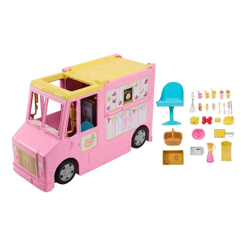 Детски трансформиращ се камион за лимонада Barbie® (Mattel) – Розов мобилен бар 2 в 1 с над 25 тематични аксесоара и зона за хранене (3+ години)