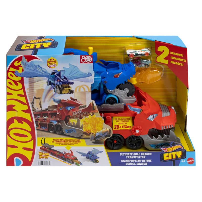 Детски комплект Hot Wheels City: Ultimate Dual Dragon Transporter – Двоен дракон автовоз с трансформираща се двулентова писта (85+ см) и 2 колички (4+ години)