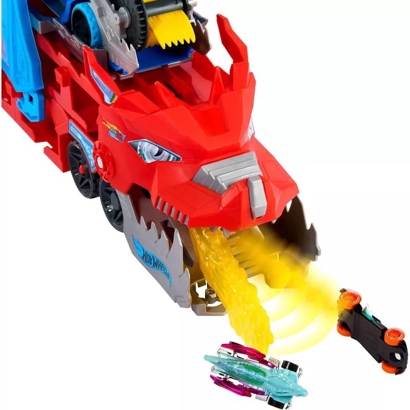 Детски комплект Hot Wheels City: Ultimate Dual Dragon Transporter – Двоен дракон автовоз с трансформираща се двулентова писта (85+ см) и 2 колички (4+ години)