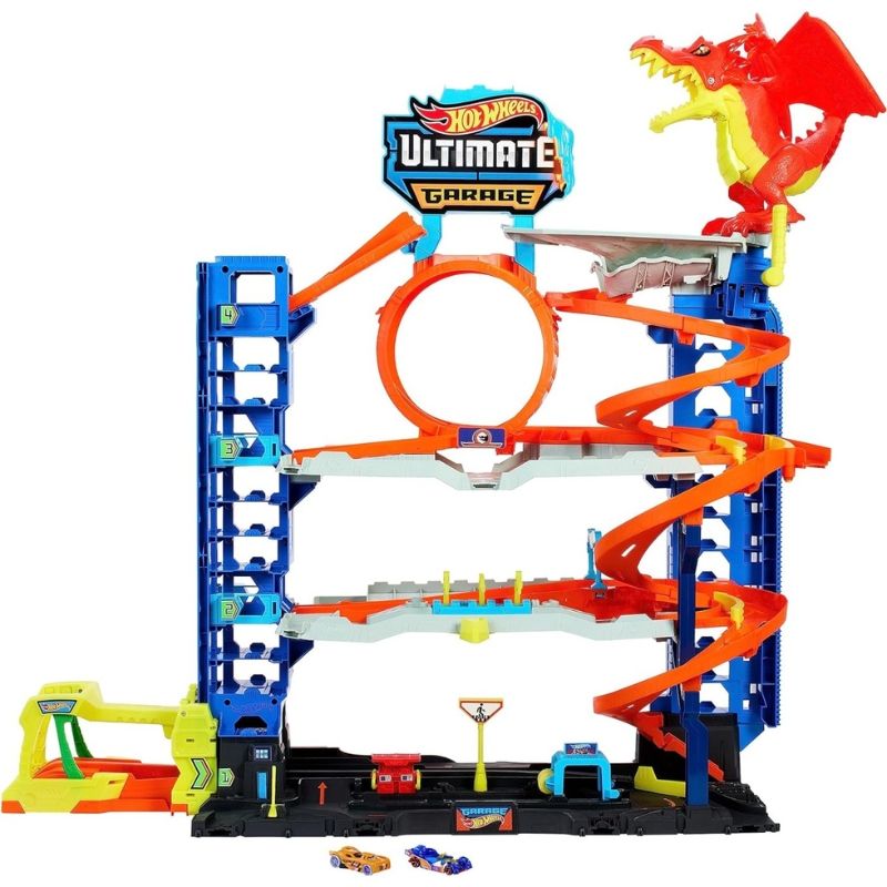 Гигантски детски гараж Hot Wheels City: Ultimate Garage – Писта на 4 нива с автоасансьор, огнен дракон, над 50 паркоместа и 2 колички (4+ години)
