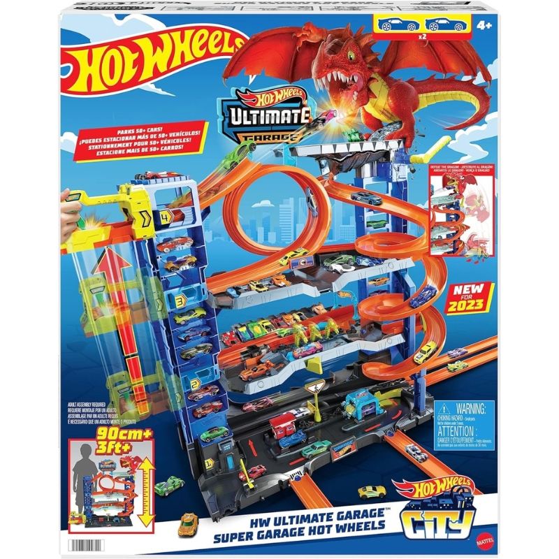 Гигантски детски гараж Hot Wheels City: Ultimate Garage – Писта на 4 нива с автоасансьор, огнен дракон, над 50 паркоместа и 2 колички (4+ години)