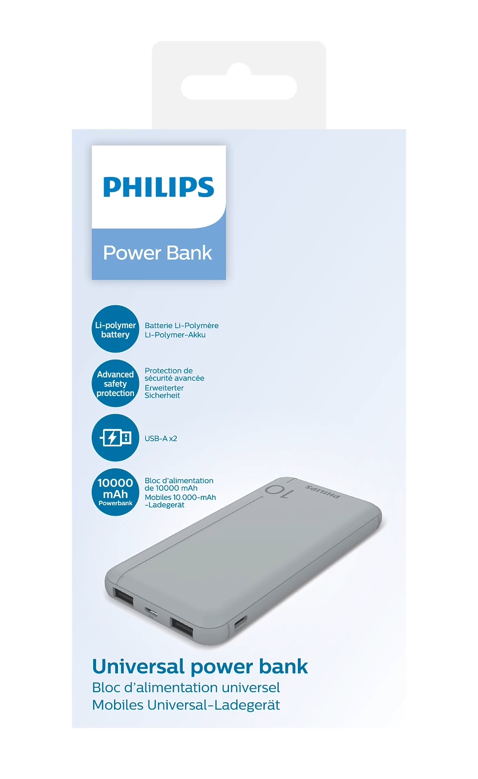 БЪРЗ POWER BANK(ВЪНШНА БАТЕРИЯ) 10 000mAh DLP1810NV PHILIPS - СРЕБРИСТО
