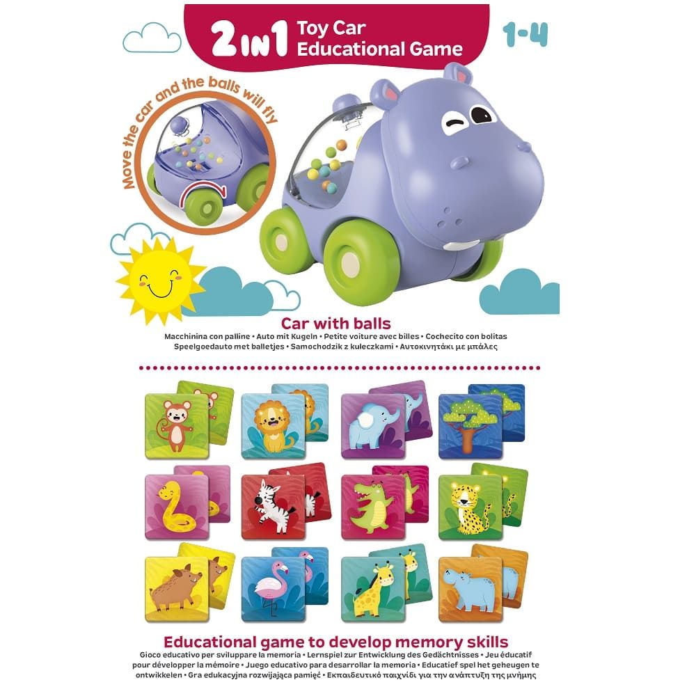 Бебешки образователен комплект Lisciani Carotina Baby: Hippo Car & Memo – Интерактивна количка-хипопотам и първа мемо игра с карти за памет (1-4 години)