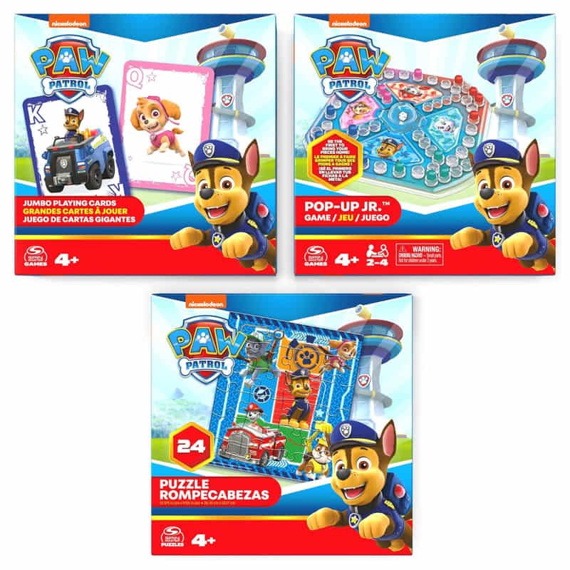Мега семеен комплект 3 в 1 Zynora Paw Patrol – Настолна игра "Не се сърди човече", Jumbo карти и детски пъзел от 24 части (4 години +)