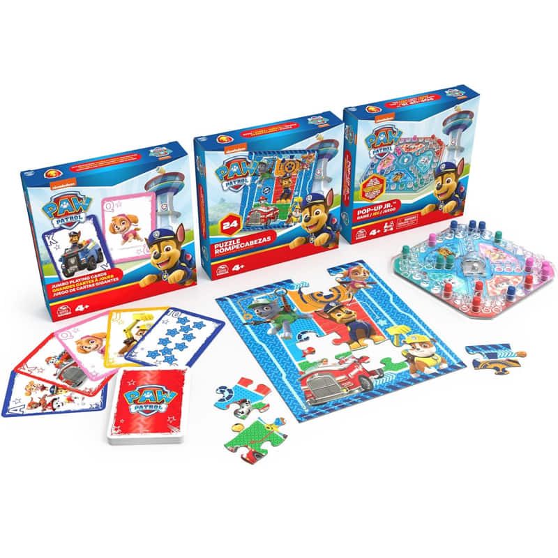 Мега семеен комплект 3 в 1 Zynora Paw Patrol – Настолна игра "Не се сърди човече", Jumbo карти и детски пъзел от 24 части (4 години +)