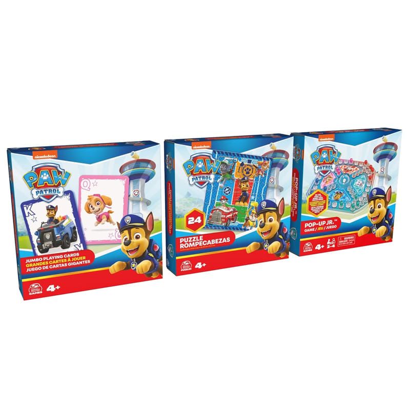 Мега семеен комплект 3 в 1 Zynora Paw Patrol – Настолна игра "Не се сърди човече", Jumbo карти и детски пъзел от 24 части (4 години +)