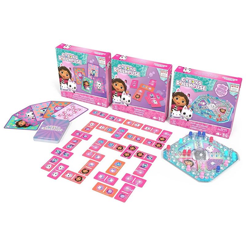 Детски комплект настолни игри 3-в-1 Zynora Gabby’s Dollhouse – Лицензирана семейна селекция с „Не се сърди човече“, Домино и Джъмбо карти (4+ години)