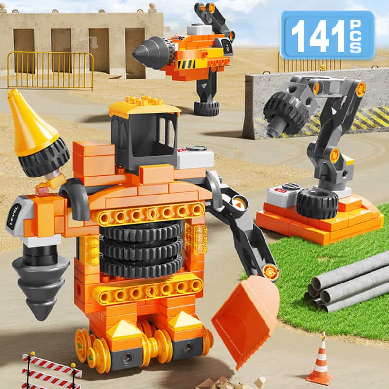 Детски образователен конструктор 6в1 Feelo Construction Vehicles – Трансформиращи се строителни машини, мега робот и детска отвертка (141 едри части)