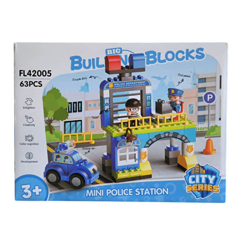 Детски образователен конструктор Feelo City Series Mini Police Station – Полицейски участък с патрулна кола и фигурки на полицай и престъпник (63 големи части)