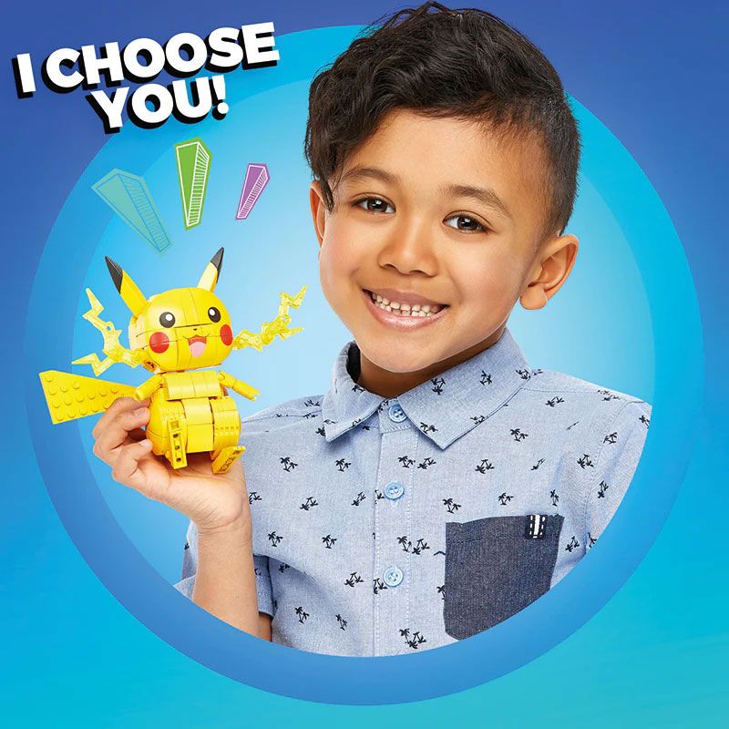 Детски образователен конструктор Mega Pokémon Pikachu – Екшън фигурка за сглобяване в бойни пози с електрически ефекти (211 части)