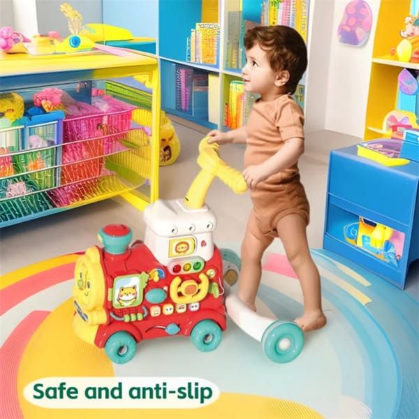 Бебешка проходилка за бутане 5 в 1 Raya Toys Музикален парен влак – Интерактивна играчка за яздене, дърпане, сортер, образователен център с истинска пара, светлини и звуци (18+ месеца)
