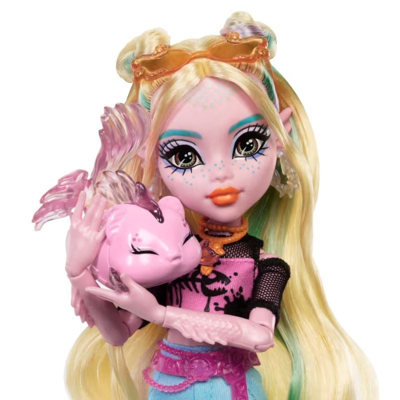 Детска модна кукла Monster High Lagoona Blue (Лагуна Блу) – Подвижна кукла с пиранята Нептуна и океански аксесоари (27 см)