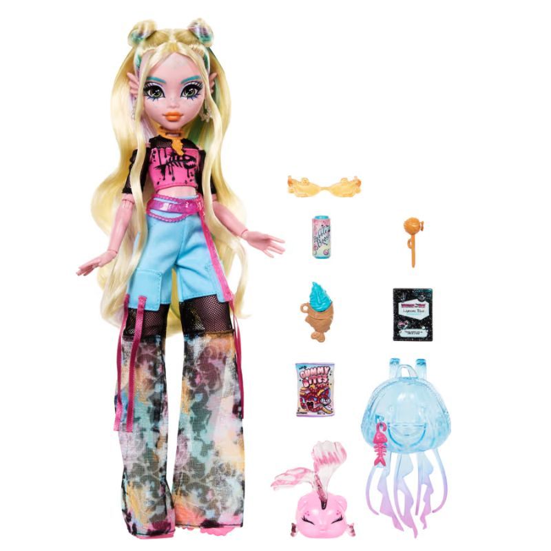 Детска модна кукла Monster High Lagoona Blue (Лагуна Блу) – Подвижна кукла с пиранята Нептуна и океански аксесоари (27 см)