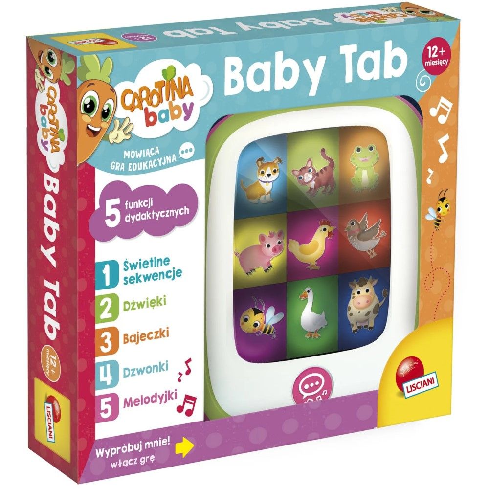 Детски образователен бебешки таблет Lisciani Carotina Baby Tab – Електронен таблет с 5 дидактични функции, животни и мелодии (12+ месеца)