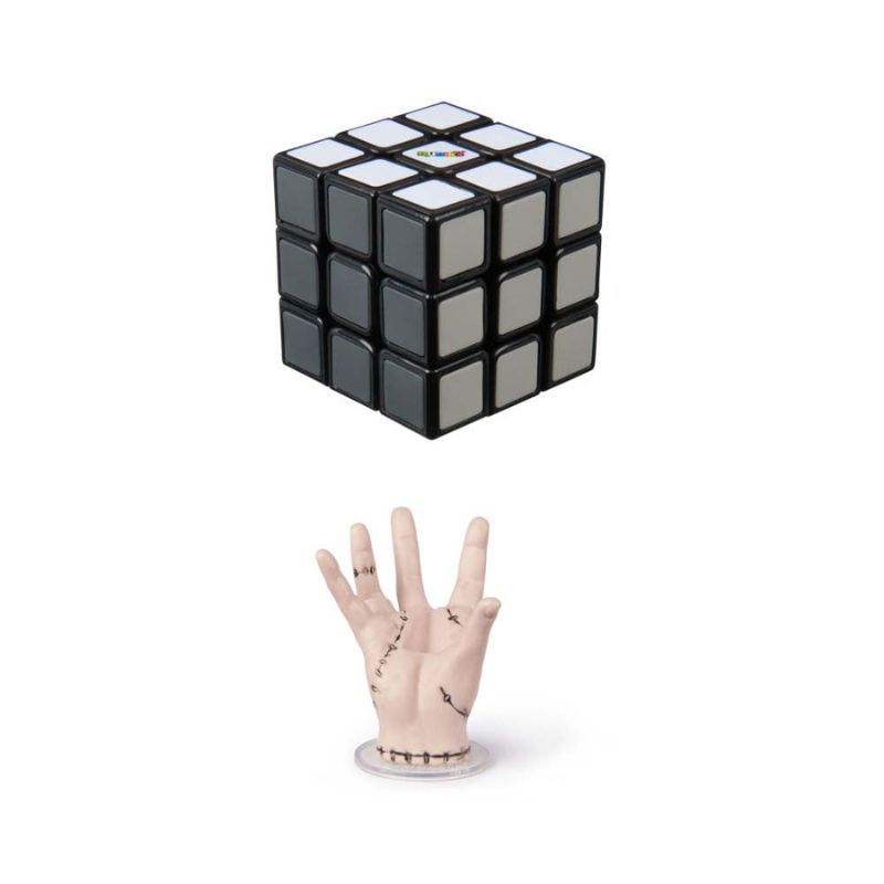 Колекционерски куб на Рубик Zynora Rubik’s Wednesday Кубче 3x3 – Логически пъзел в нюанси на сивото с декоративна стойка Ръката „Thing“ (8 години +)