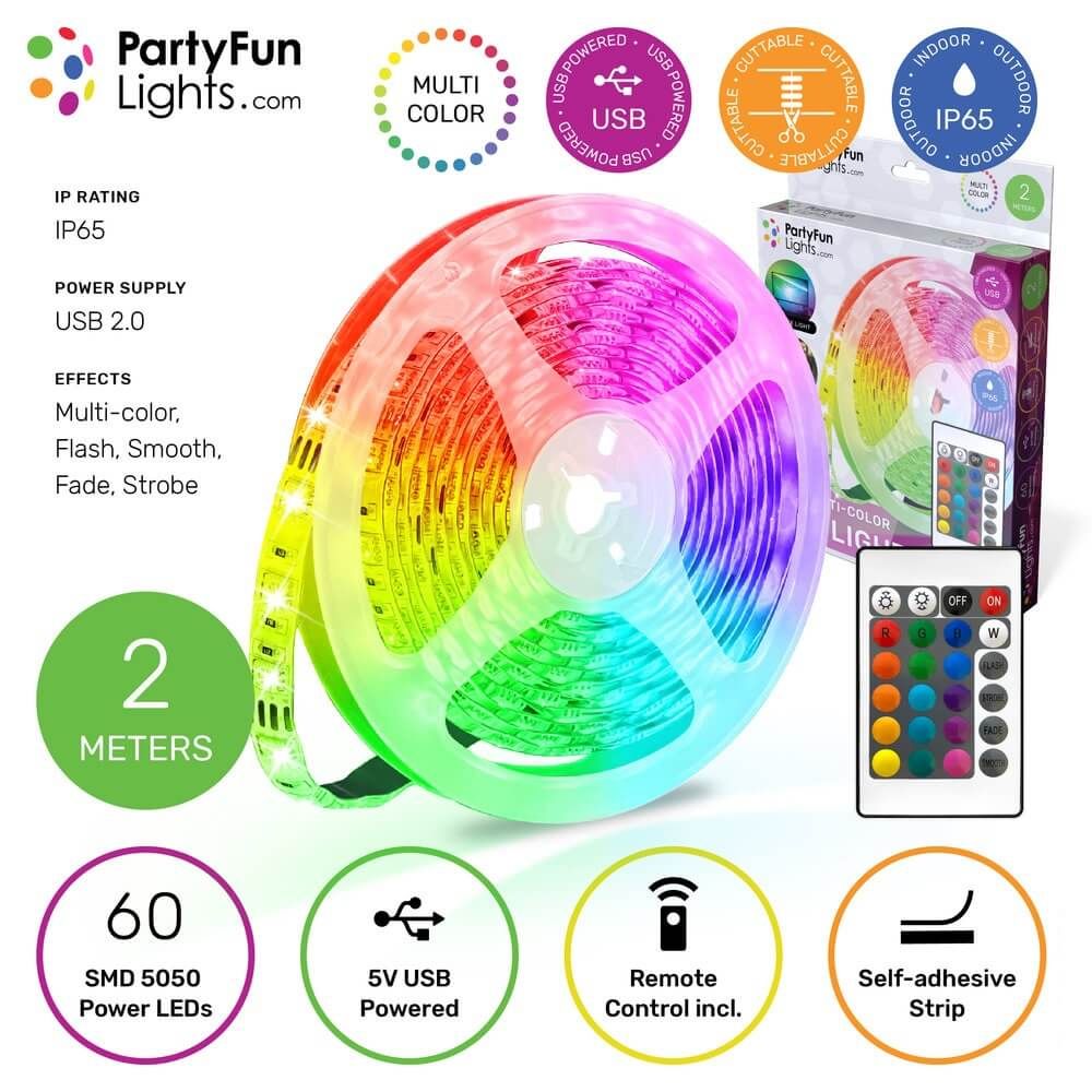 Многоцветна водоустойчива RGB LED лента Zynora 2M – USB захранване, IP65, 16 цвята, дистанционно управление и самозалепваща подложка