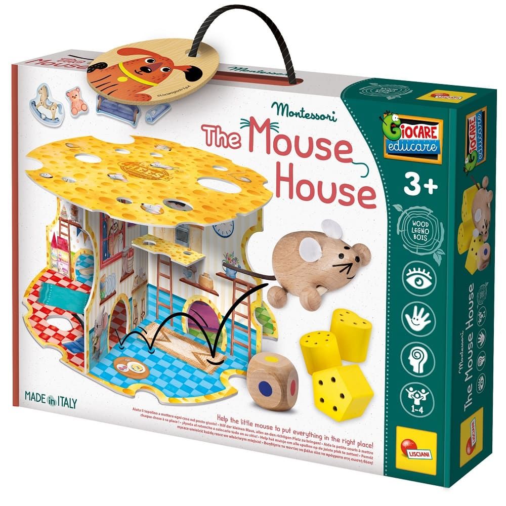 Дървена Монтесори игра Zynora The House of the Mouse (3D къща с активности) – Образователен комплект за фина моторика, цифри и геометрични форми (3+ години)