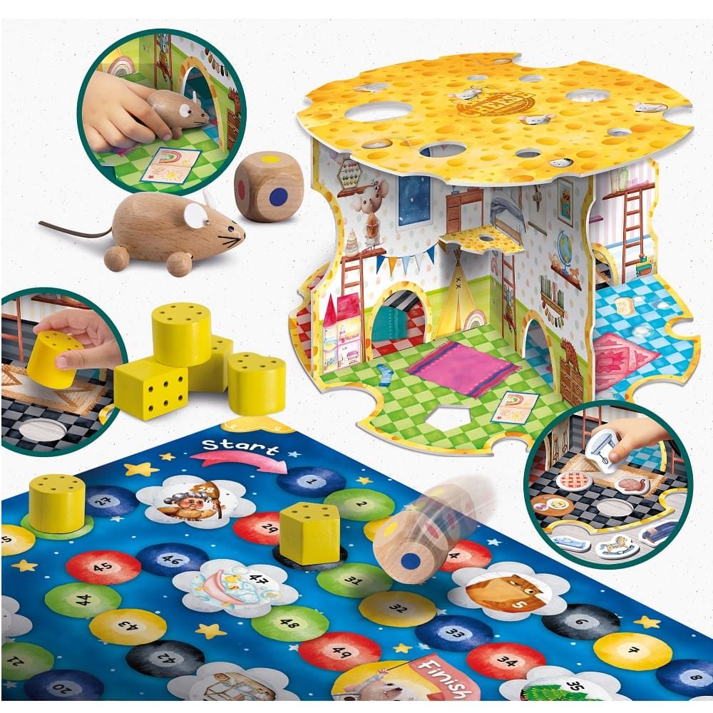Дървена Монтесори игра Zynora The House of the Mouse (3D къща с активности) – Образователен комплект за фина моторика, цифри и геометрични форми (3+ години)