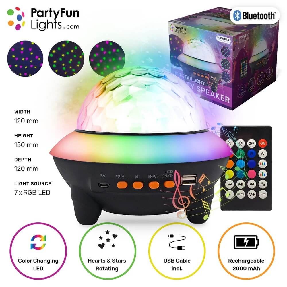 Парти Bluetooth високоговорител UFO със светлинни ефекти Zynora UFO Light Show – Преносима тонколона с диско проектор, 2000 mAh батерия, USB и дистанционно управление