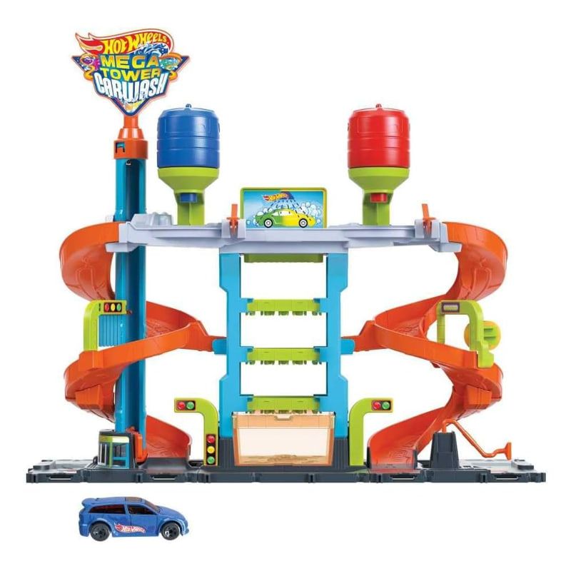 Детски комплект Hot Wheels City: Mega Car Wash – Интерактивна автомивка на няколко етажа със спирала и Color Shifters количка с промяна на цвета (4+ години)