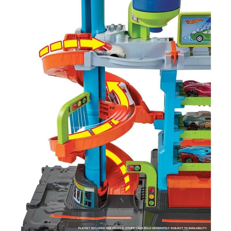 Детски комплект Hot Wheels City: Mega Car Wash – Интерактивна автомивка на няколко етажа със спирала и Color Shifters количка с промяна на цвета (4+ години)