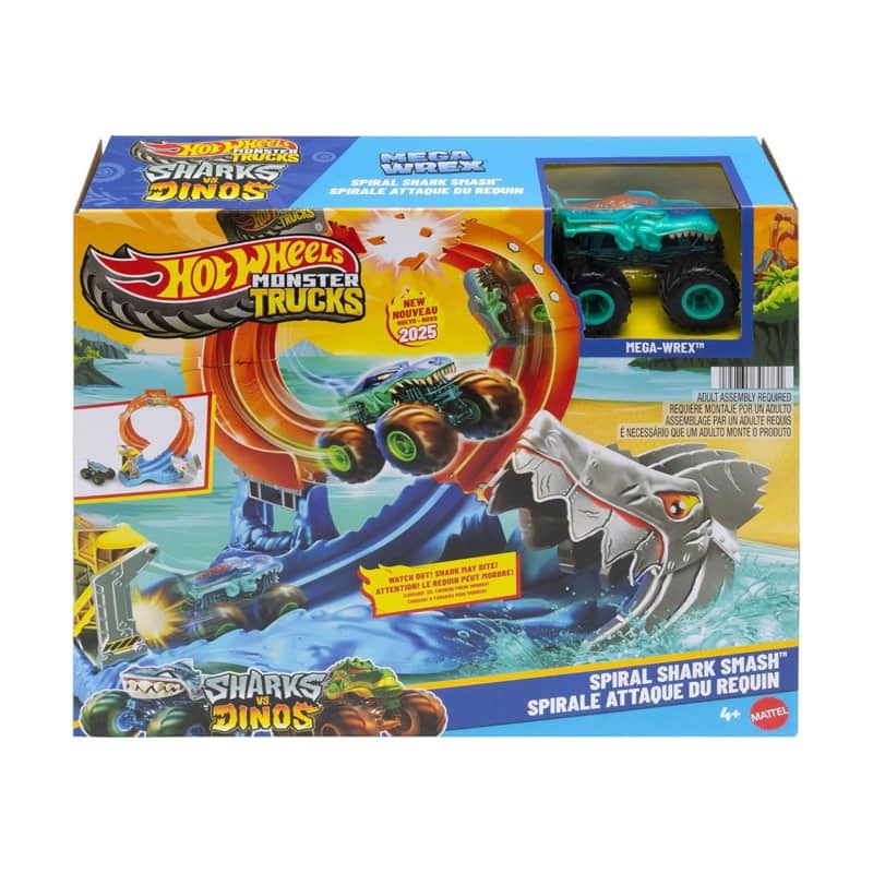 Детски комплект Hot Wheels Monster Trucks: Spiral Shark Smash – Писта със спирала, гигантска акула и количка Mega-Wrex™ (3+ години)